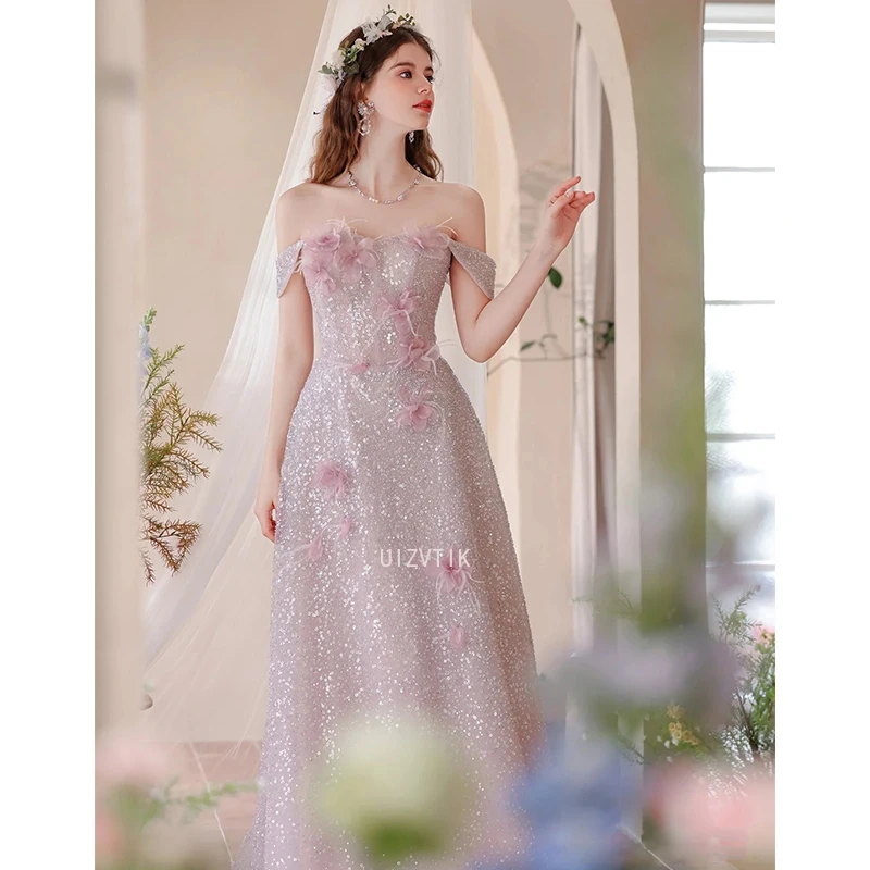 

Luxury Shinny Lace Evening Party Dress for Wedding Party Off The Shoulder Beading 3D Flower A Line Prom Dress Pink Ball Gowns