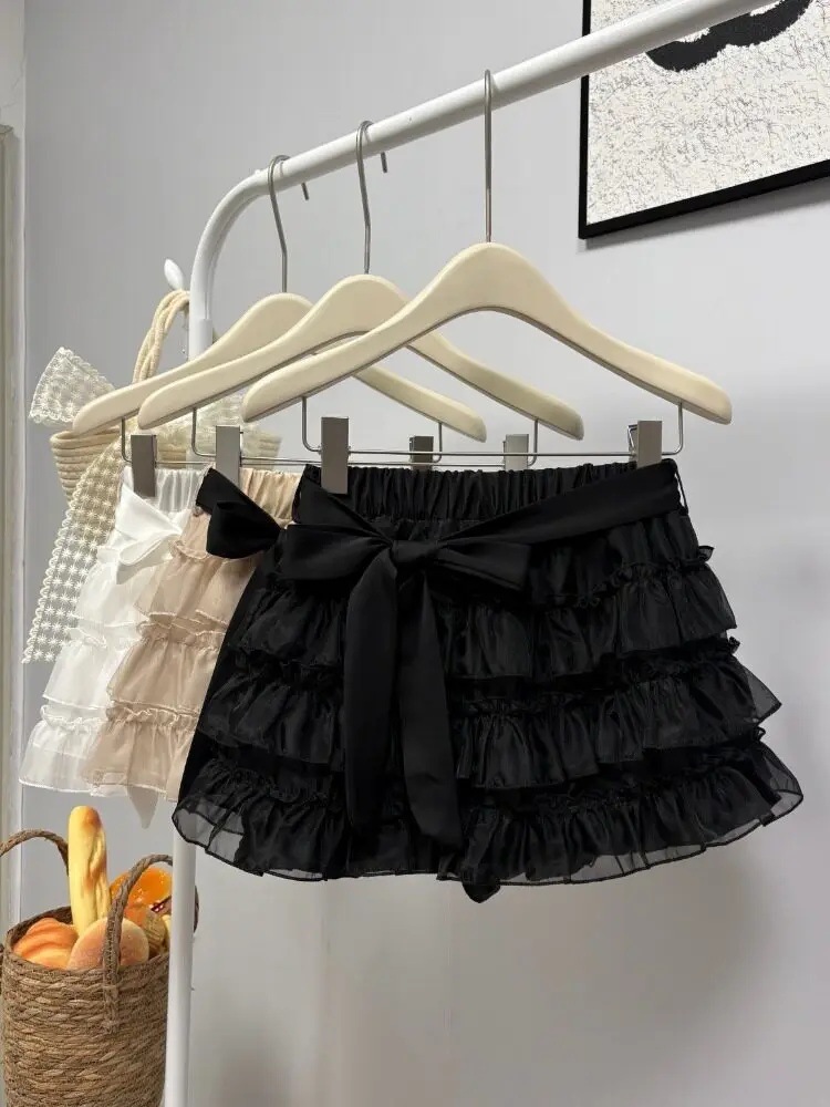 plus Size Sweet  Knot Mesh Cake Skirt Women High Waist Slim A-Line Short Skirt Layered Half Skirt Summer Fashion