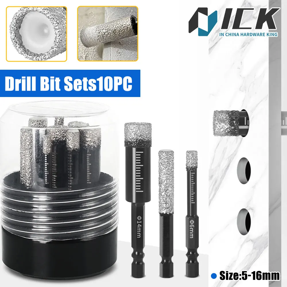 

Diamond Drill Bit and Grinding Rod Set 10PC for Ceramic Tile Glass Marble Hexagonal Shank Dry and Wet Use Size 5-16mm