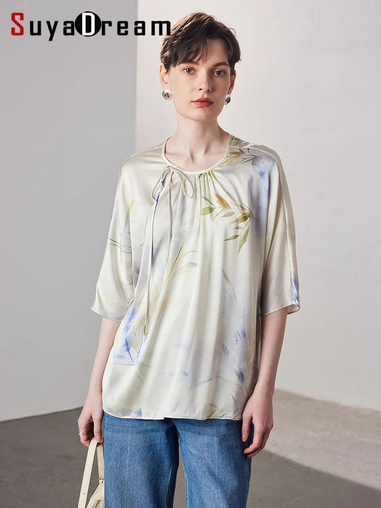 

SuyaDream, Women Floral Blouses, 90%Silk 10%Spandex, Round Neck, Vintage Summer Shirts, 2025 Spring Autumn Elegant Top, Beige