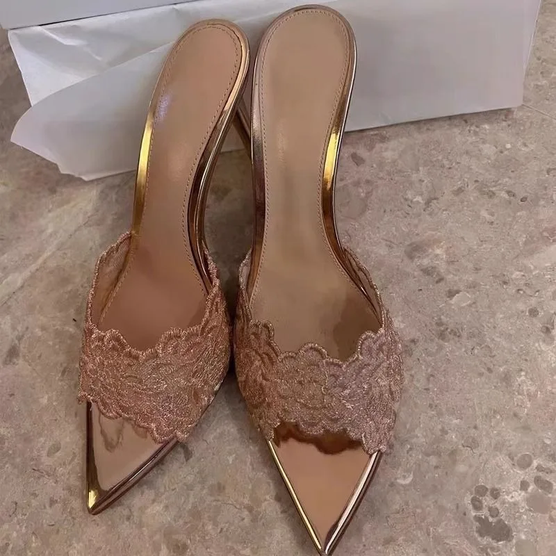 

Sexy Pointed-toe Party High Heels for Women 2025 New Embroidered Thin Heels Champagne Gold Embroidered High Heels Flip-flops