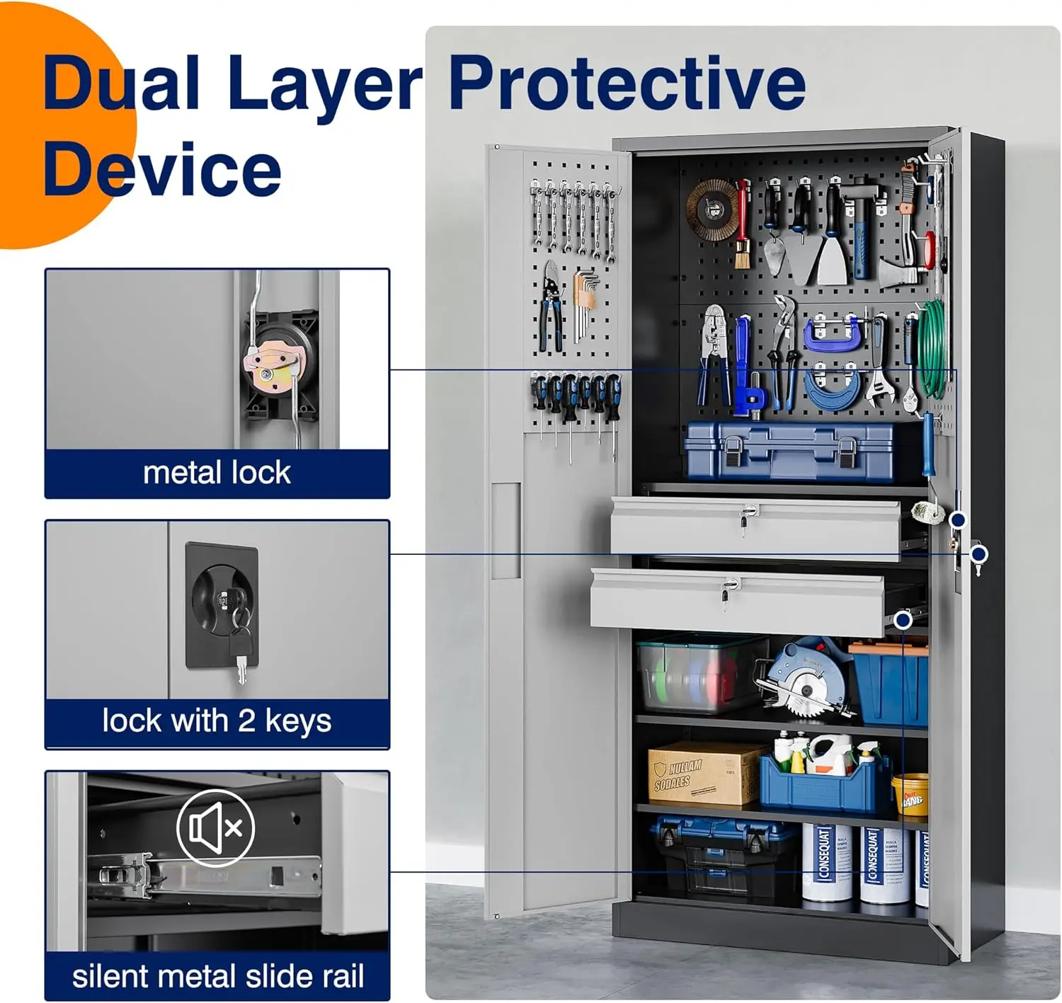 Gabinete de almacenamiento de garaje de metal con puertas cerraduras y 2 cajones, gabinete de herramientas de acero resistente con tablero perforado, 71" - Lockabl