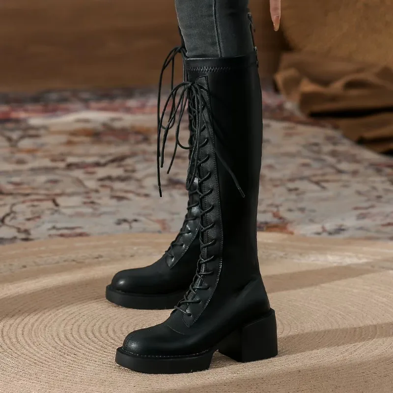 2026 Slimming Tall Vintage Thick-Soled Wide-Tipped High-Heeled Boots for Women - Long Boots