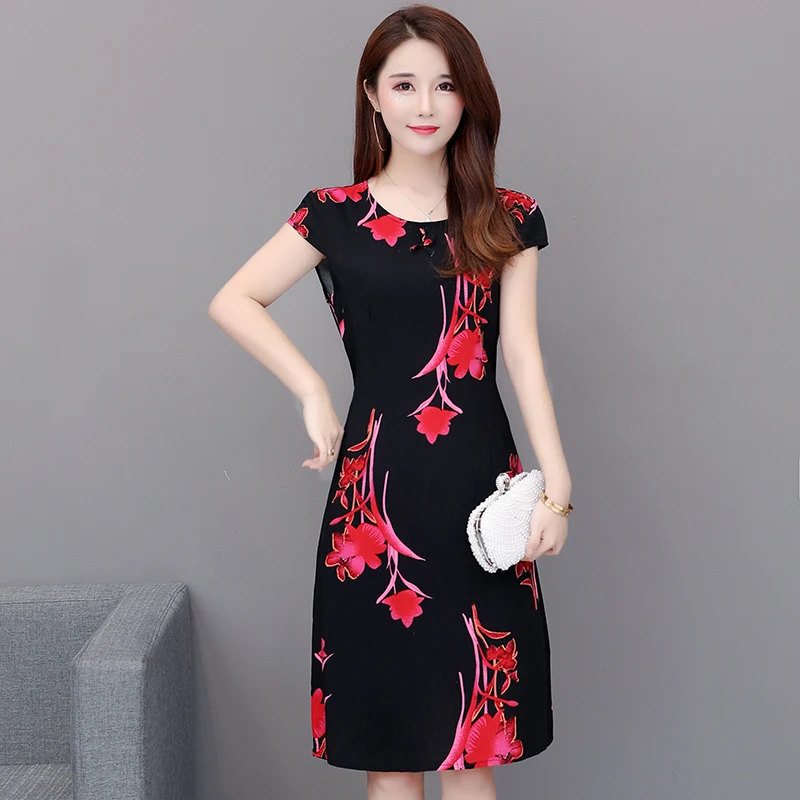 New Fashion Summer Women For Dresses 2025 Casual O-neck Print Vintage Elegant Short Sleeve Womens Clothing