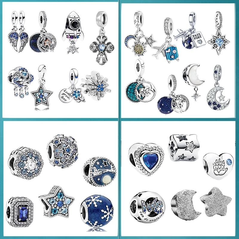 Bricolage série bleue scintillante niveau rectangulaire, lune et étoile du nord perles breloque ajustement Original européen Bracelet femmes bijoux cadeau
