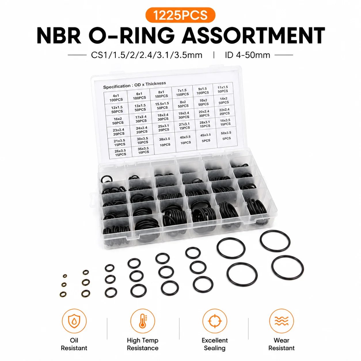 1225 Pieces of Black NBR Nitrile O-ring Set CS1-3.5mm Outer Diameter 4-50mm Oil Resistant and Leak Proof Multi Size Sealing Set