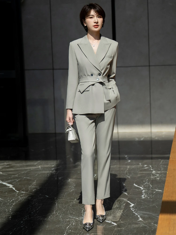 

Профессионально разработанный женский деловой костюм Jiang Feifei для похудения, комплект из двух предметов, модный деловой дизайн, с длинными рукавами, подчеркивающий фигуру