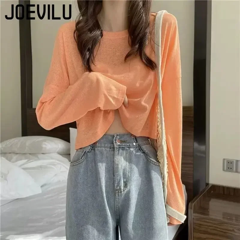 Long Sleeve Thin Crop Top Summer Knitted Ice Silk Sunscreen Blouse Women\'s Fashion Loose White Tops Korean Expose Navel Y2k Tee