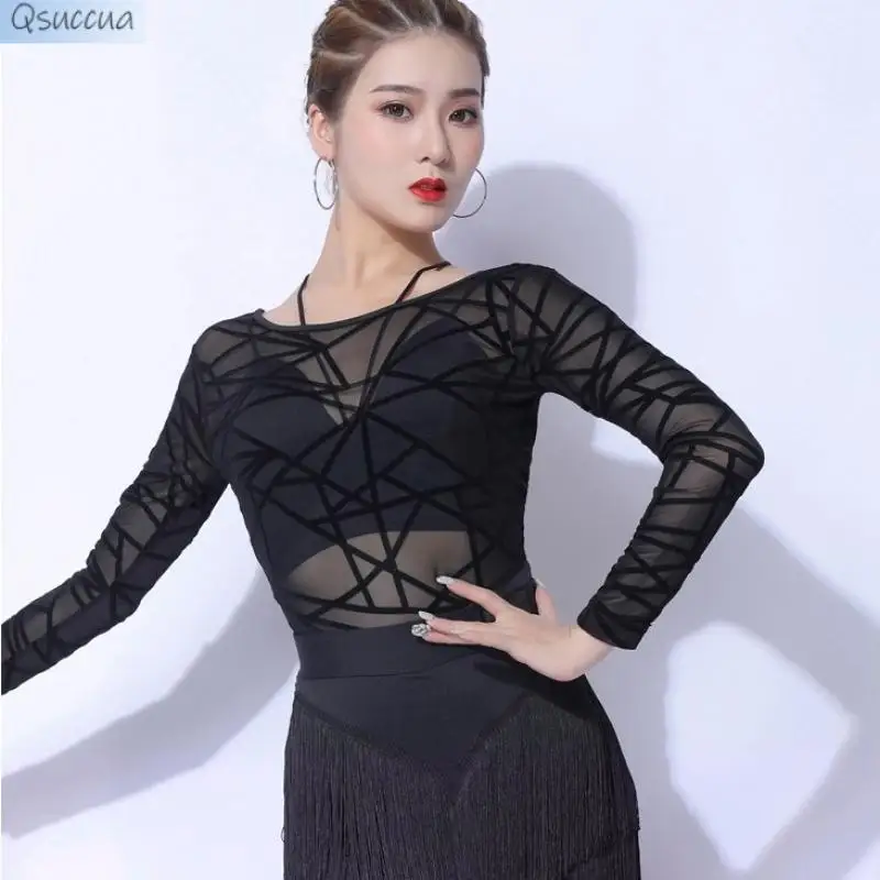 New Style Latin Dance Sexy Blouse Women's Micro-Transparent New Dance Clothes Short-Sleeved Round Neck One-Piece Rumba