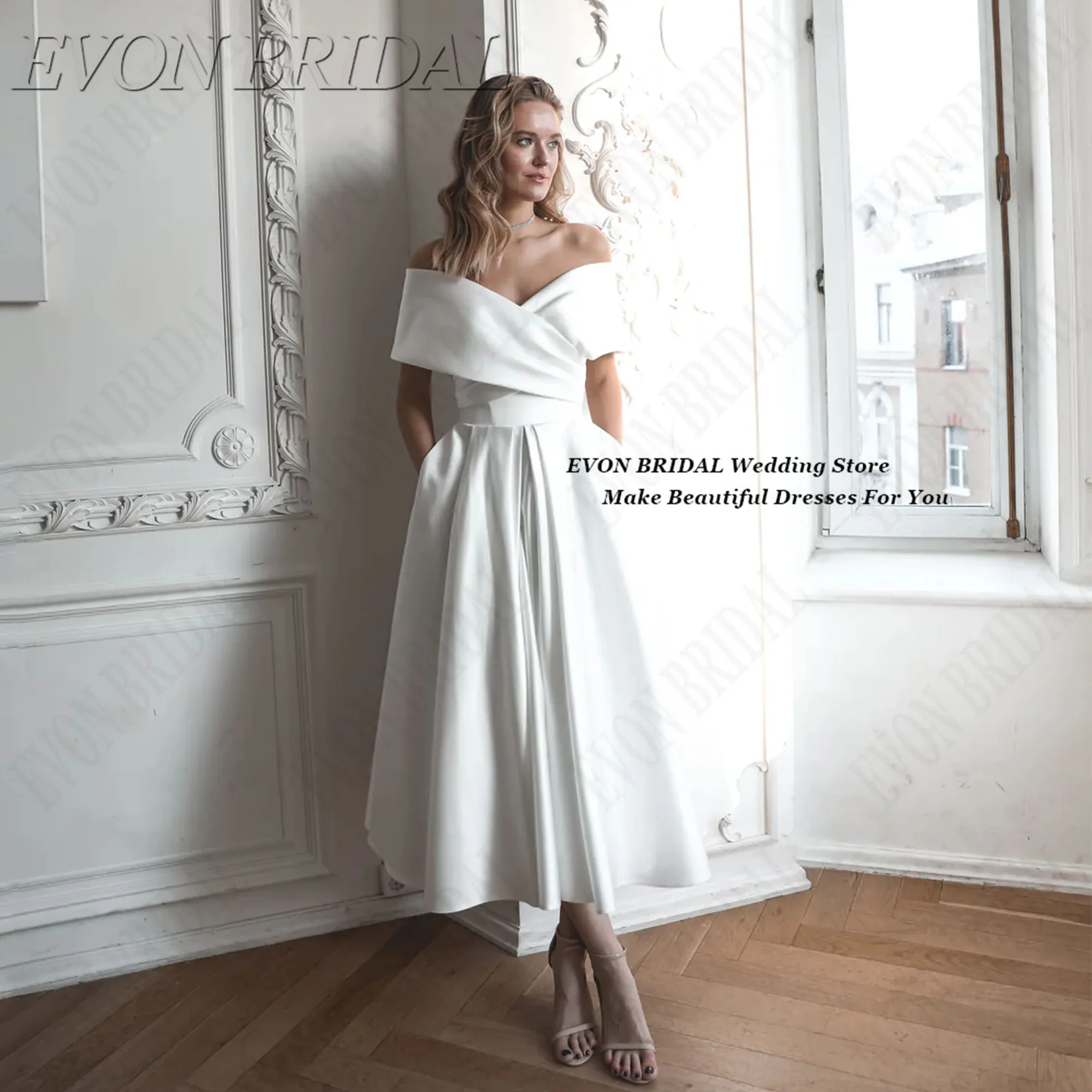 

Ivory Satin Evening Dresses Woman Lace Up With Pocket Elegant Dress For Wedding Guest Simple Party Dresses EVON BRIDAL Customize