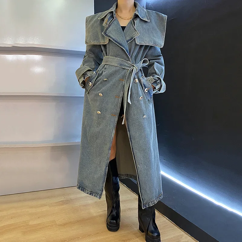 Women Fashion Denim Trench Coat Denim Coat Spring Autumn Winter Double Breasted Lace Up Loose Long Fitted Jean Coat