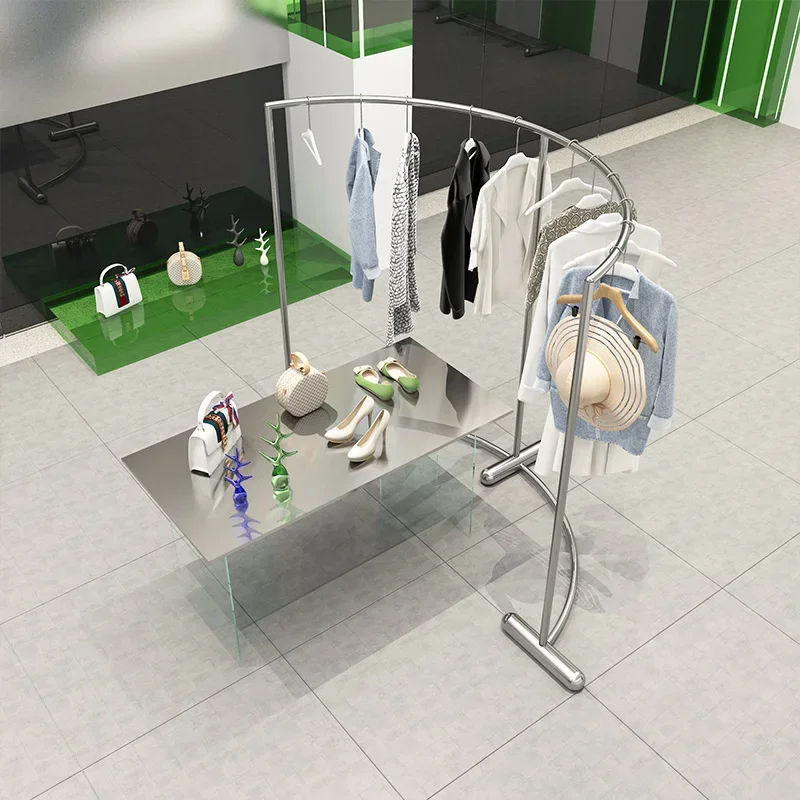 

Clothing store display Arc stainless steel brushed silver floor-to-ceiling mid-island rack Men's and women's clothing shelves