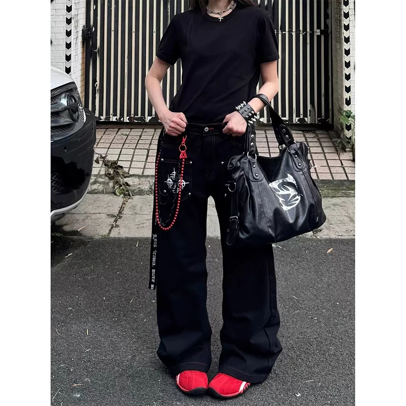 

ZHIZOU Goth Harajuku Print Baggy Jeans Women Clothing Street Vintage 2000s Stitching High Waisted Jeans Woman Wide Leg Y2K Pants