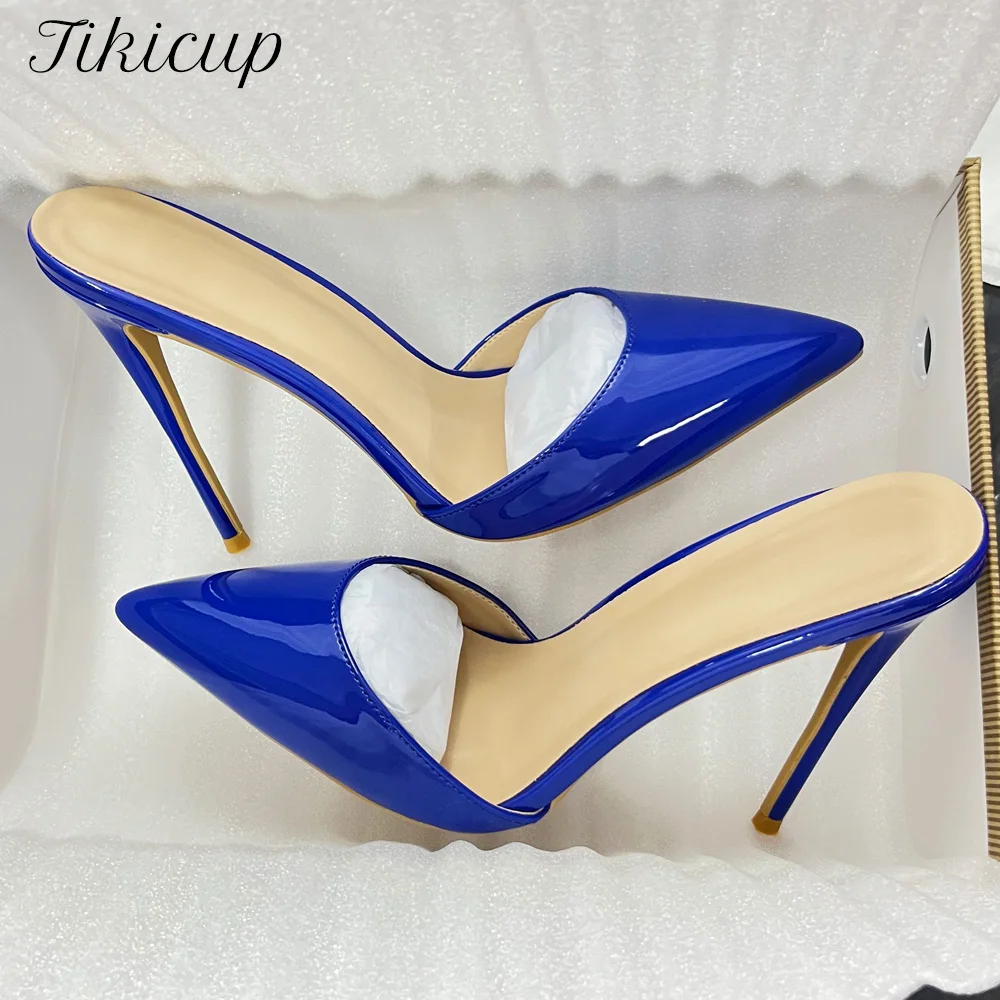New Blue Patent Leather Pointed Toe Mule Heels Sexy 12cm 10cm Stiletto Heel Ultra-Sleek Slippers Design Slip On Outdoor Shoes