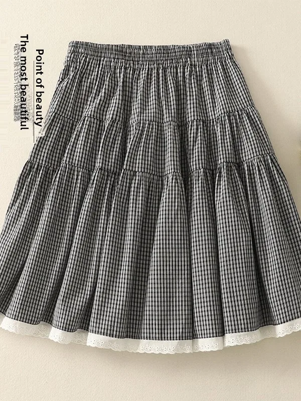 

Ретро-юбка в японском стиле с высокой талией, эластичным поясом, кружевными вставками, А-силуэта, для женщин, летняя, модная, для офиса