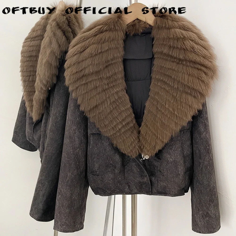 Women's Short Jacket Real Fur Collar Coat Trim Full Zipper Thermal Warm Luxury Cold Winter Street Style Outerwear for Ladies