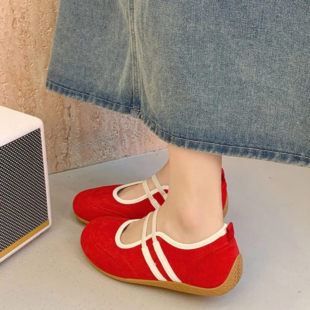 

Color Blocking Mary Jane Shoes Anti-slip Synthetic Leather Round Toe Flat Shoes Streetwear British French Style Single Shoes