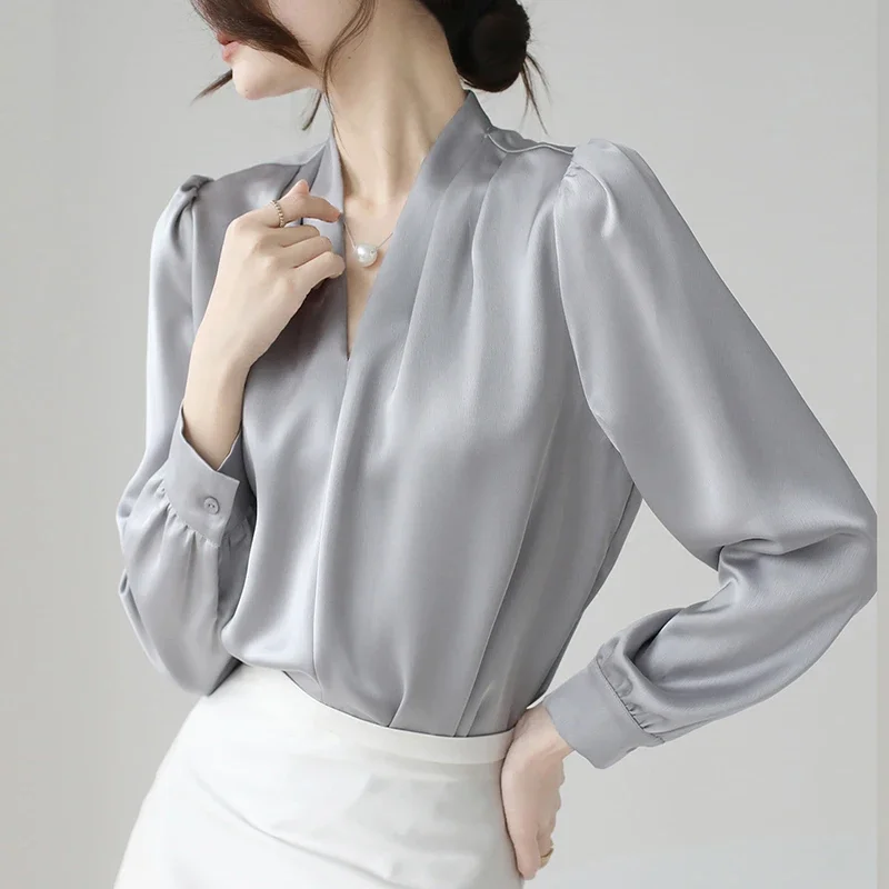 Fashion V-neck Women Blouses 2024 Spring Satin Solid Color Casual Tops Elegant Office Lady Long Sleeve Oversize Pullover Blouses