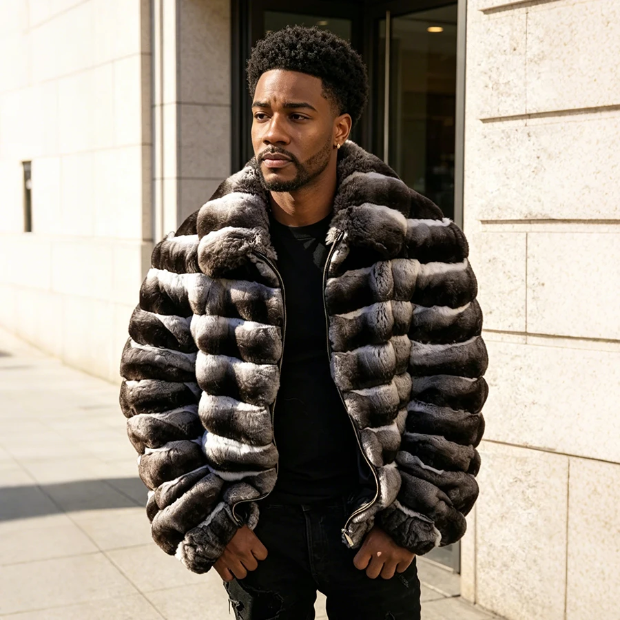 Real Rex Rabbit Fur Zippered Jacket Chinchilla Fur Coat With Turndown Collar Furry Jacket Luxury Men's Short Fur Coat