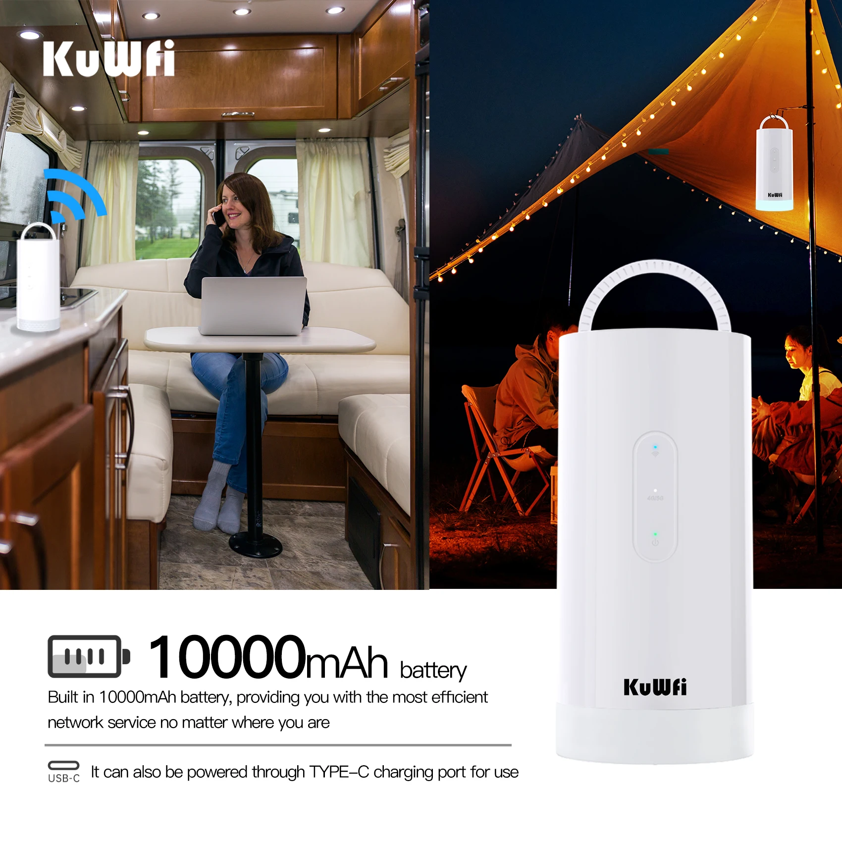 KuWFi 4G LTE CAT6 Router 1200Mbps High-Speed WiFi 10000mAh Ultra Long Endurance Outdoor Lighting Camping Router Support SIM Card