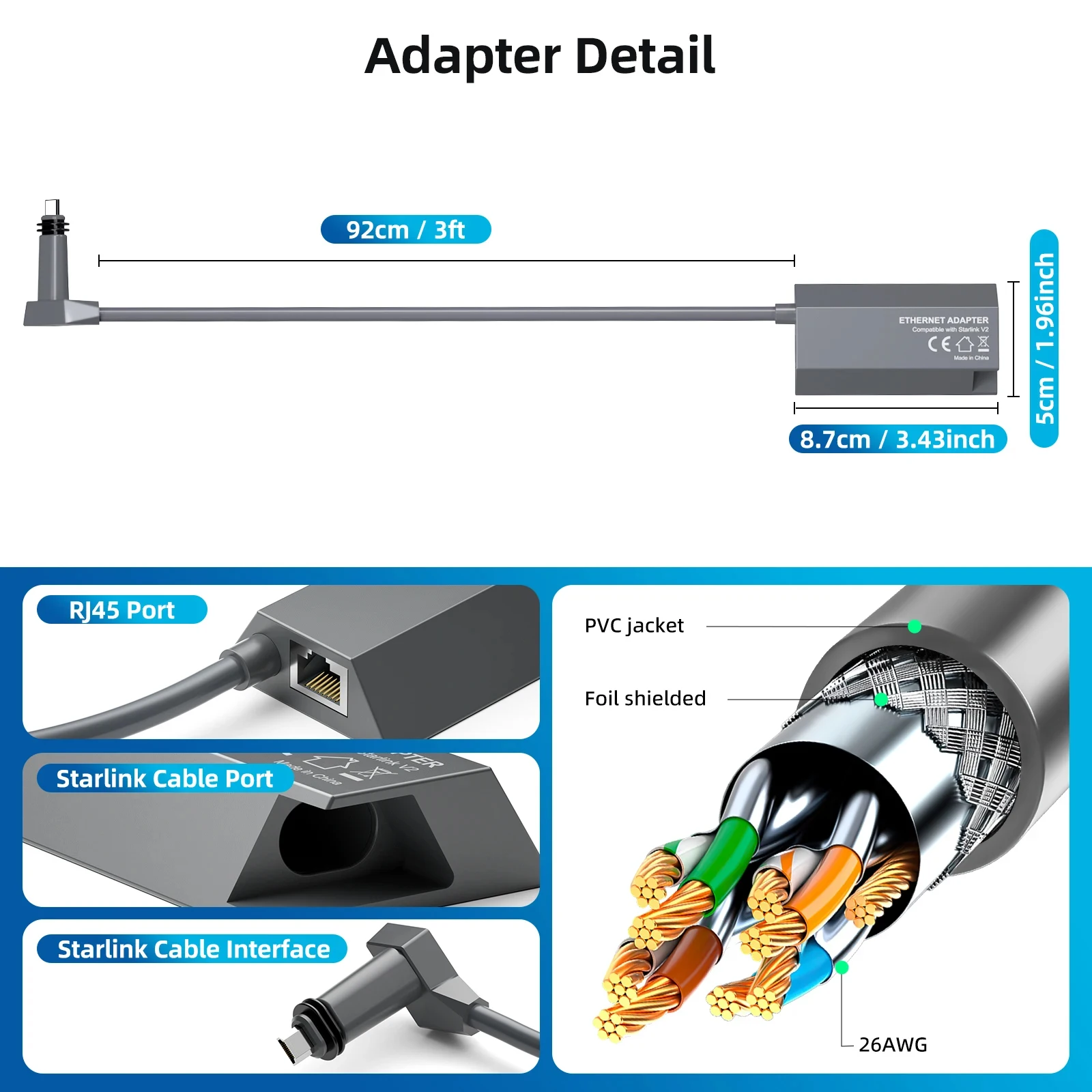 Starlink Gen2 Ethernet Adapter V2, Dish Antenna Satellite Network Powerline Kit