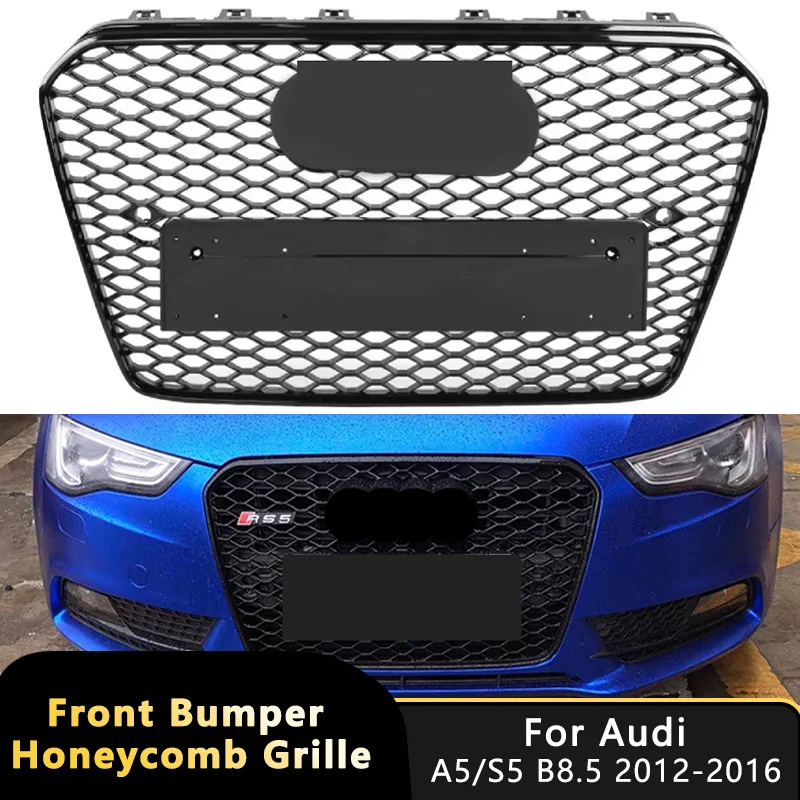 For RS5 Style Front Bumper Grille Mesh Honeycomb Hood Grill Gloss Black For A5 B8.5 2012-2016 S5 Replacement Upper Grills Cover