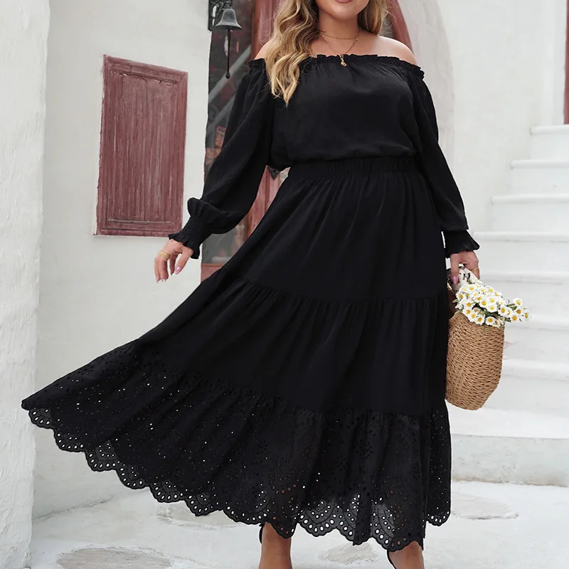 Fashion Lace Black Skirt New Plus Size Solid Color Hollow Leisure Loose Half-body Skirt One-line Collar Temperament Elegance