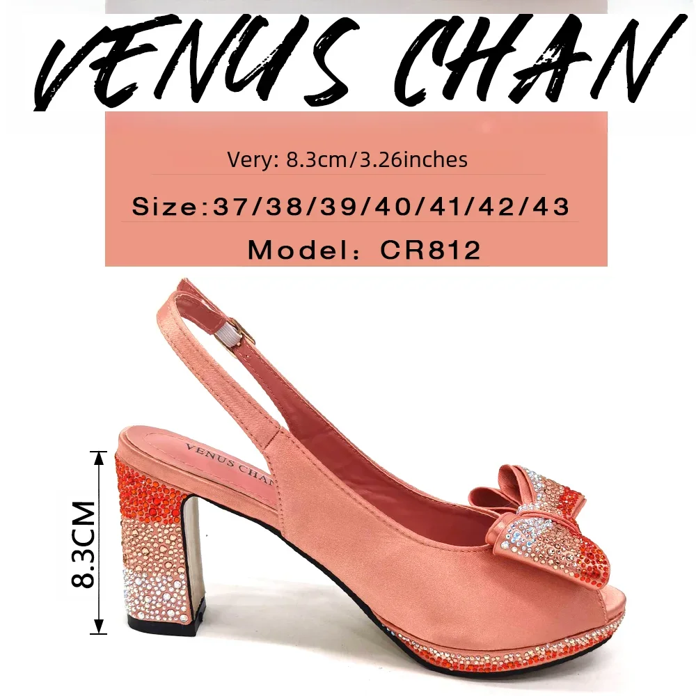 Venus Chan-Peach Color Rhinestone Bow Peep Toe Sapatos de salto alto para mulheres, bolsa elegante, sapatos de festa de casamento, 2022