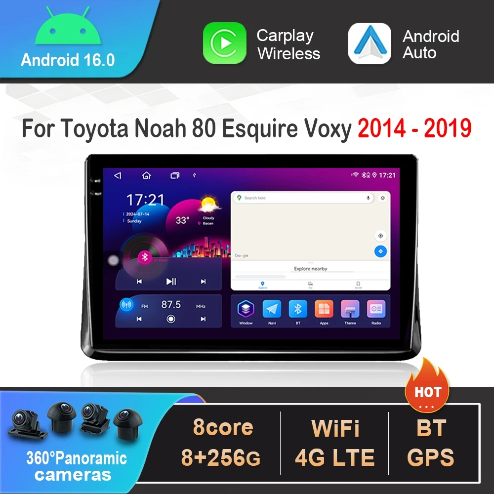 for Toyota Noah 80 Esquire Voxy 2014 2015 - 2019 Car Radio Player WiFi Android 15 GPS Navigation Wireless Carplay Touch Screen