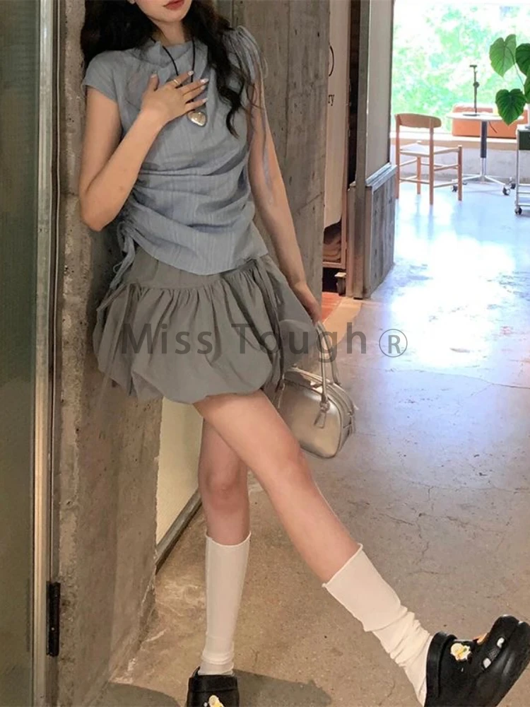 Japanese Blue Lace Up Bow Shirt Sets Women Summer Sleeveless New Slim Skirt Suit Half-high Collar Stripe Tops Mini Balloon Skirt