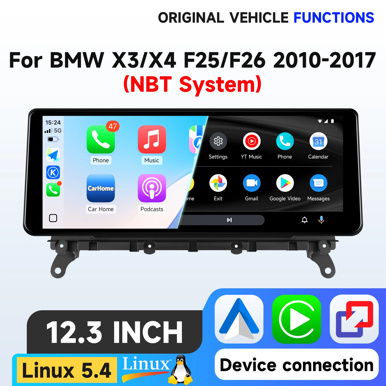 Hizpo 12,3" Linux-Bildschirm Kabelloses CarPlay Android Auto Multimedia-Display für BMW X3 F25 X4 F26 2010-2017 NBT-System Touch-Display Airplay Autoradio-Player Stereo GPS-Navigation Audio Original