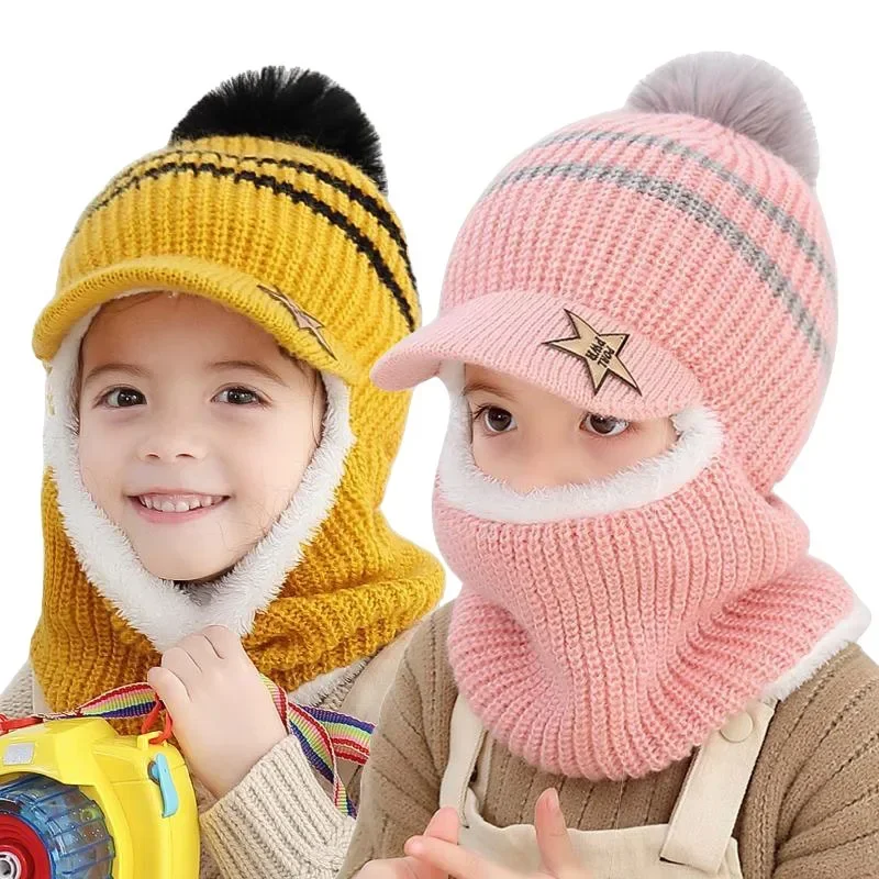 

Winter Kids Outdoor Thick Warm Knitted Hats Girls Boys Face Cover Hairball Mask Balaclava Hat Child Plus Fleece Plush Beanies