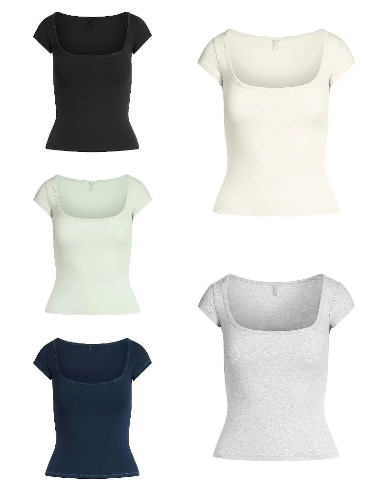 

Футболка Slim Fit ort Sve с квадратным воротником, женский универсальный повседневный топ, новый дизайн, хлопок в стиле Kardaian...