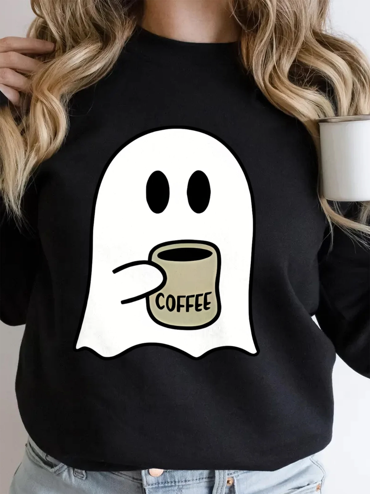 女性の面白いハロウィンコットンクルーネックスウェットシャツコーヒーを飲むグラフィックパーカーソフト通気性秋クルーネックプルオーバー