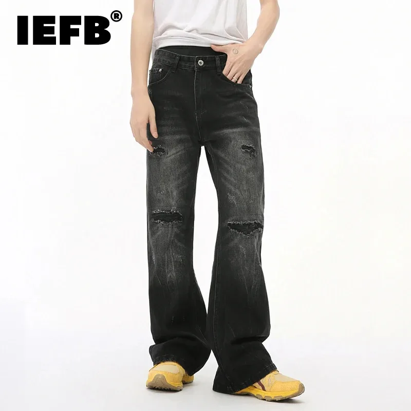 

IEFB Loose Men's Jeans New Stylish Male Hole Design Straight Trousers Autumn Streetwear Middle Waist Black-gray Autumn 9C7286