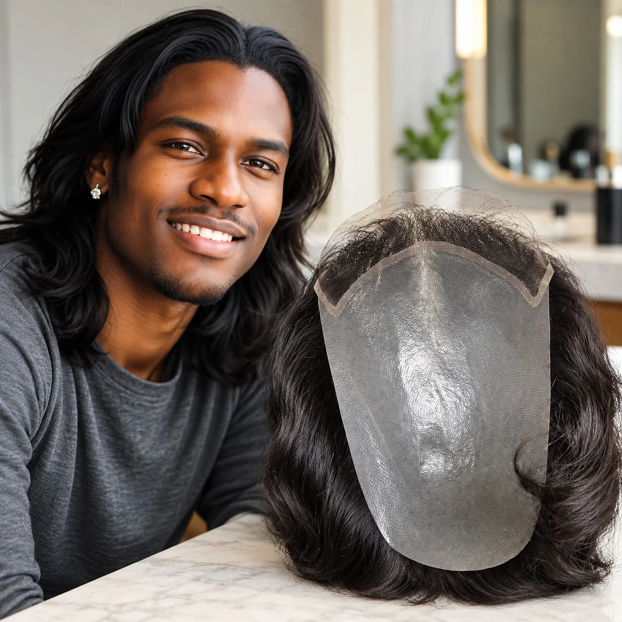 Men's 10x8 Inch Black European Human Hair Toupee 40mm Wave Swiss Lace Front Thin Skin PU V-Looped Hair System Hairpiece