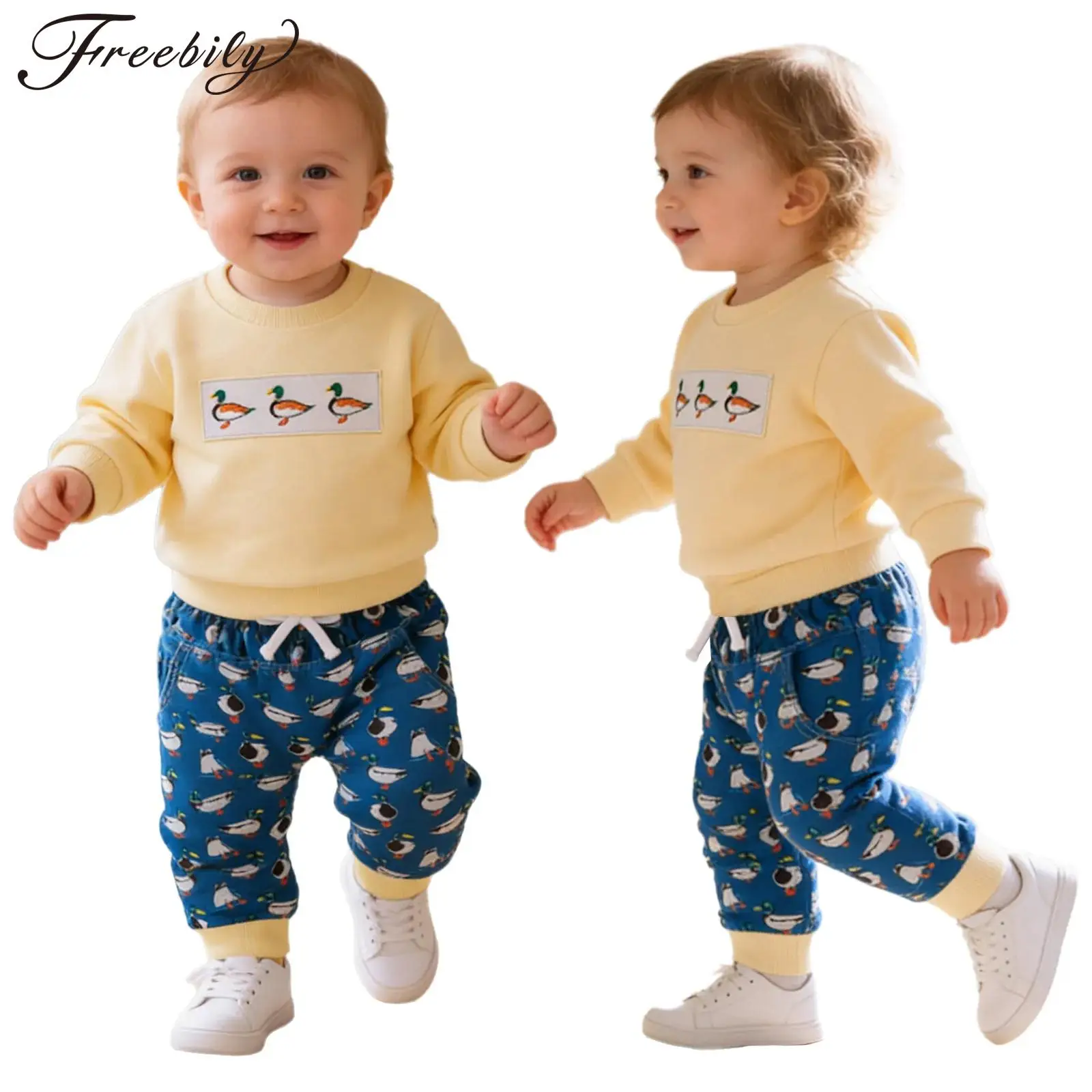 ملابس أطفال أولادي بناتي للربيع والخريف بأكمام طويلة مطرزة على شكل بطة مع بنطال رياضي للارتداء اليومي في الهواء الطلق