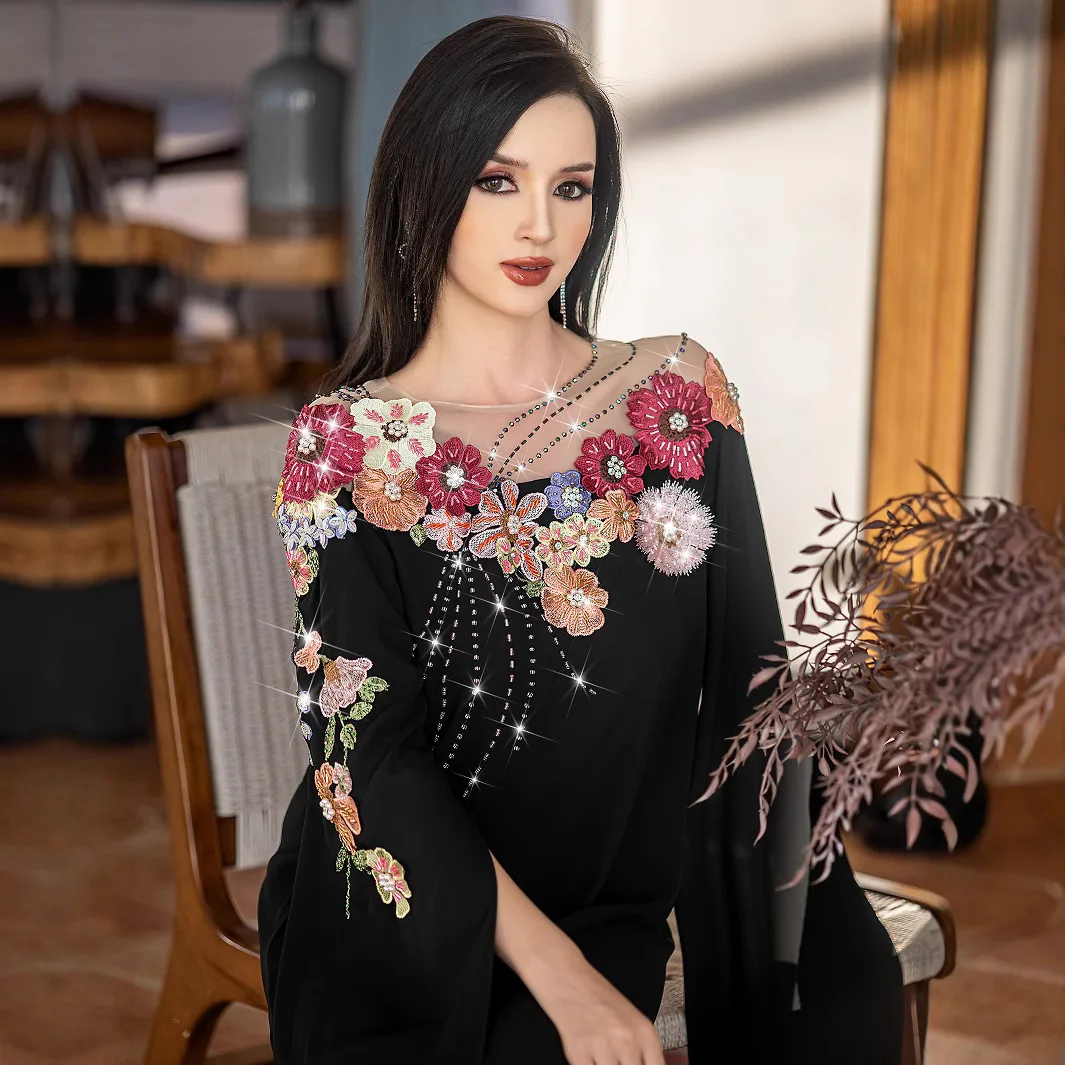Women's Black Beading Casual Trendy Elegant Patchwork Loose Abaya Female Dresses Clothes Muslim Middle East 2025 New Fashion