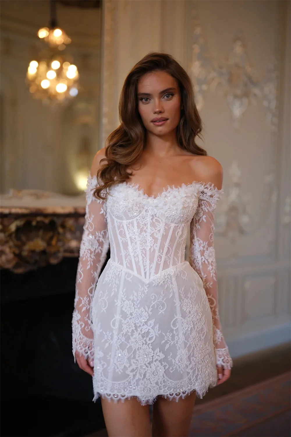 Tokyo Customized White Off the Shoulder Wedding Dresses Lace Long Sleeve Back Lace-Up Bridal Gowns Flower Mini Wedding Gowns