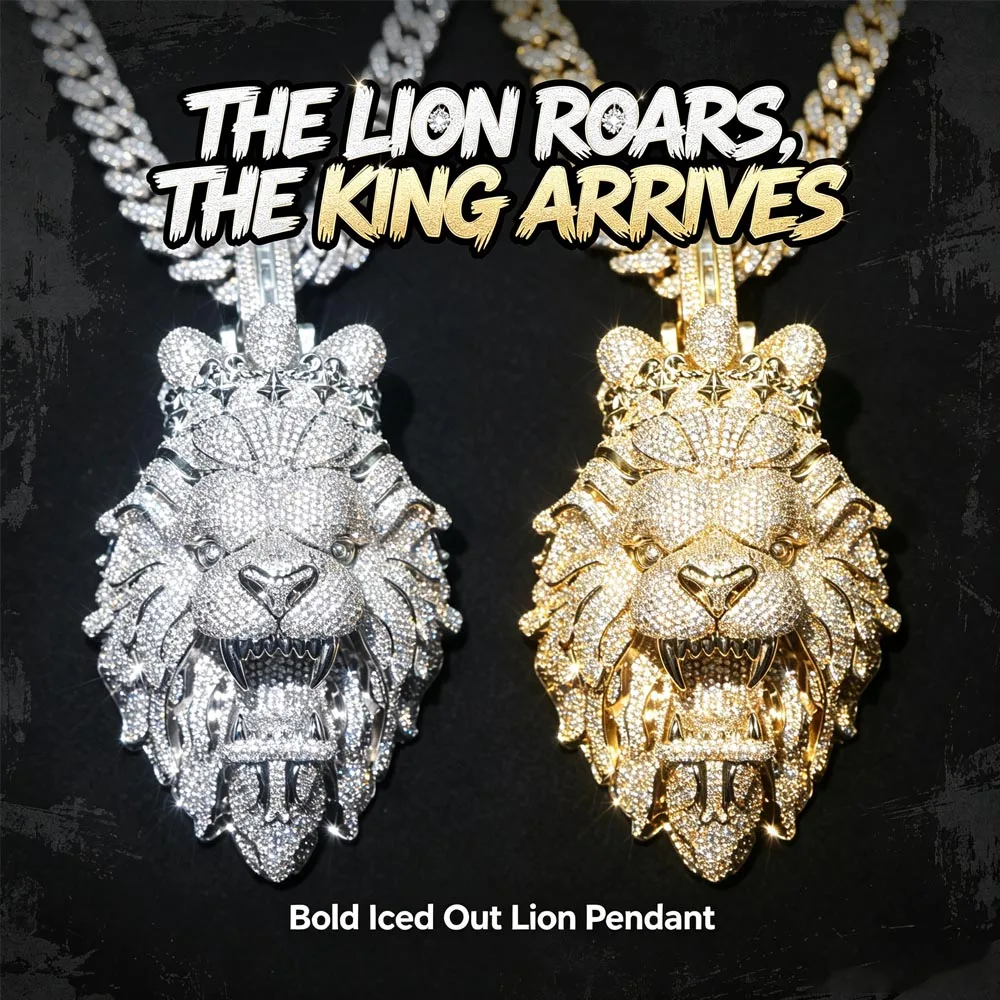 Iced Out Lion Head With Crown Pendant Micro Pave Cubic Zirconia 18K Gold Plated Hip Hop Jewelry Bling 3D Roaring Lion Medallion Mens Street Rap Cuban Chain Necklace Accessories Full Diamond Luxury Charm Fine Jewelry Gifts for Men Rapper Singer Boy Friends