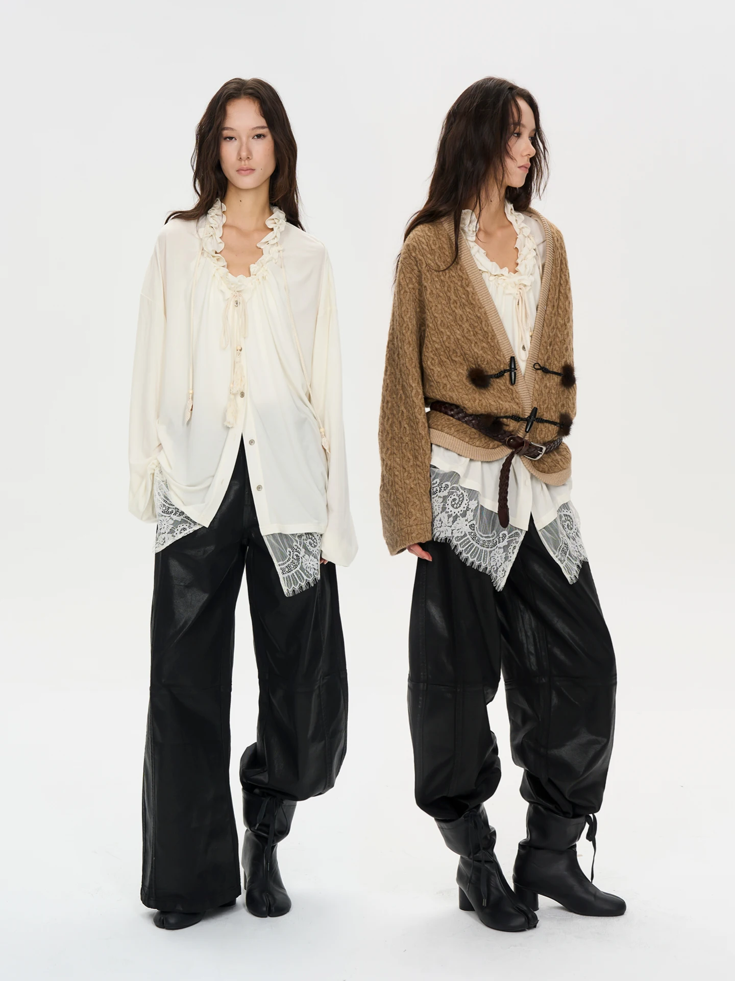 

TakeCare Larse Wool irt with Lace Design V-ne Pleated Loose Fit Women's Faionable Breathable Long Sve Autumn Top