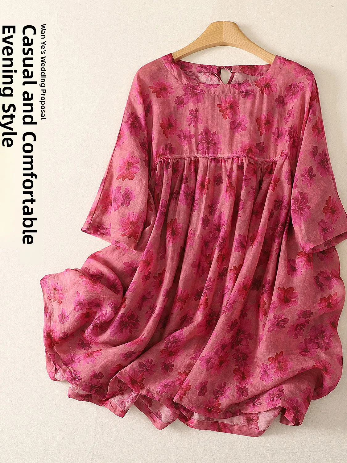 

Korean Japanese High-End Short-Sleeved Floral Print Casual Dress Women's Fashionable Versatile Mid-Length A-Line Skirt