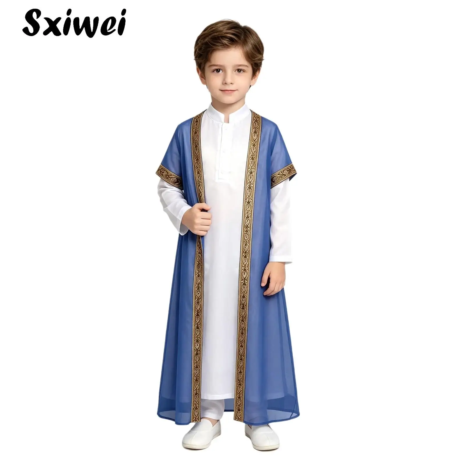 Boys Kaftan Muslim Thobe Children's Muslim Clothing Long Sleeve Front Buttons Arabic Robe with Short Sleeve Sheer Tulle Cardigan