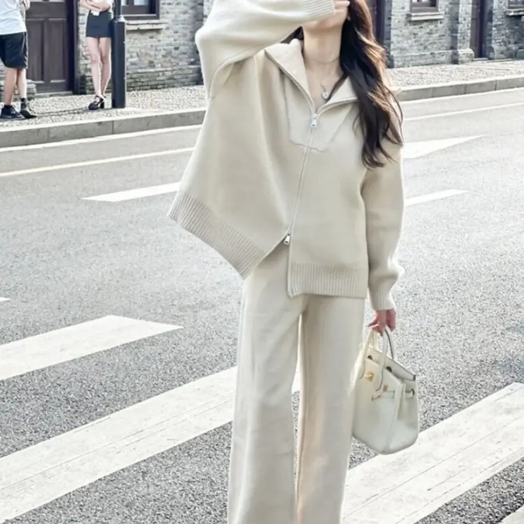 

Женские свободные широкие брюки и вязаный кардиган в корейском стиле, осенне-зимний повседневный модный комплект из двух предметов