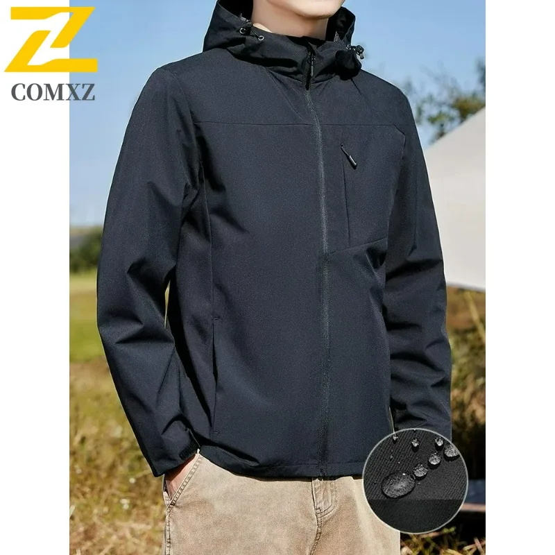 

COMXZ Men Chaqueta Minimalist Hooded Multi Pocket American Style Outdoor Camping Hiking Jackets Travel Lightweight Trench Coat