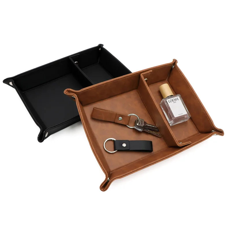 Imitationsleder-Aufbewahrungstablett für den Schreibtisch mit Schlüsselanhänger-Set, faltbares Organizer-Tablett für den Eingangsbereich zum Aufbewahren von Schlüsseln, Münzen und kleinen Gegenständen, Schreibtisch-Trenntablett, Uhren- und Schmuckzubehör-Tablett – Detail 4
