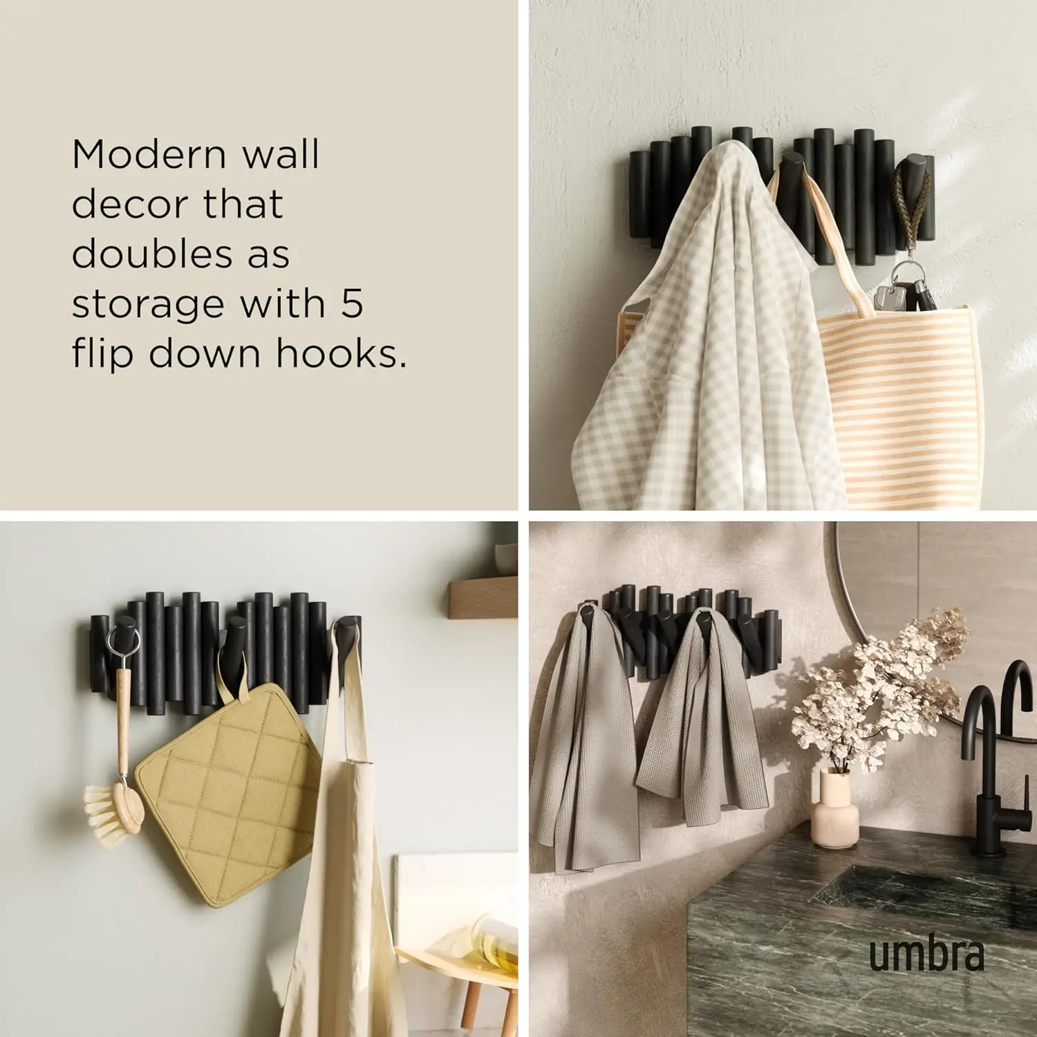 Wall-Mounted Coat Rack with 5 Retractable Wood Pegs - Modern Space-Saving Storage Organizer in Black