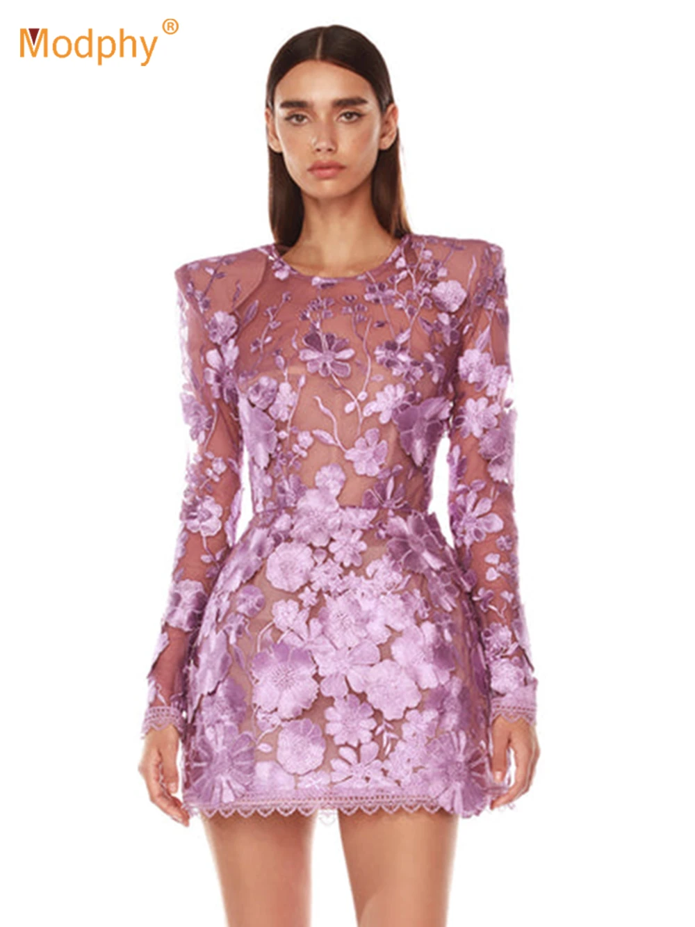 Modphy Purple Luxury Dress Women's Long Sleeve Embroidered Flower High Waist Mini A-line Dress Elegant Party Clothing