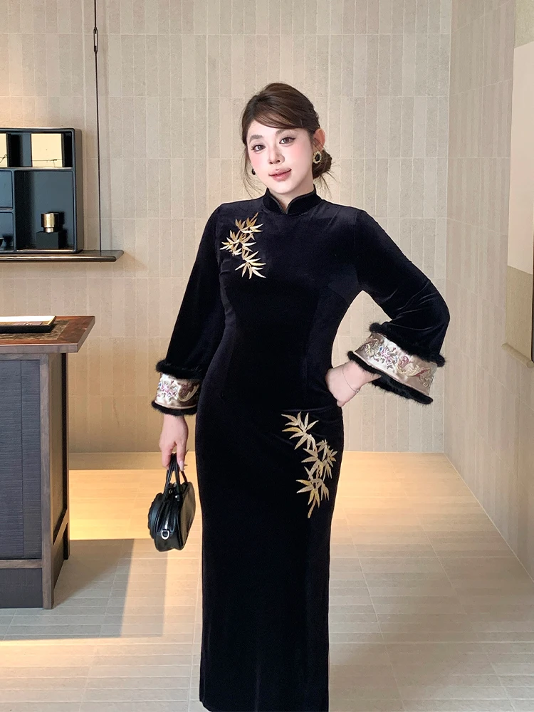 

Новое китайское платье больших размеров с вышивкой золотого бамбука и высокой талией, миди трапециевидной формы для женщин больших размеров
