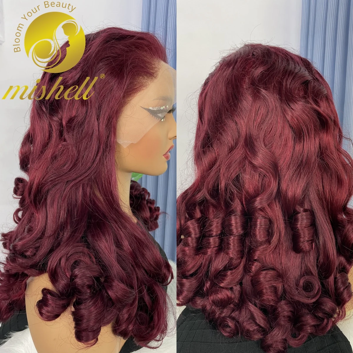 Peluca de cabello humano rizado para mujer, postizo de encaje de onda suelta transparente, 99J color borgoña, 24 pulgadas, 13x4, prearrancado, Remy,